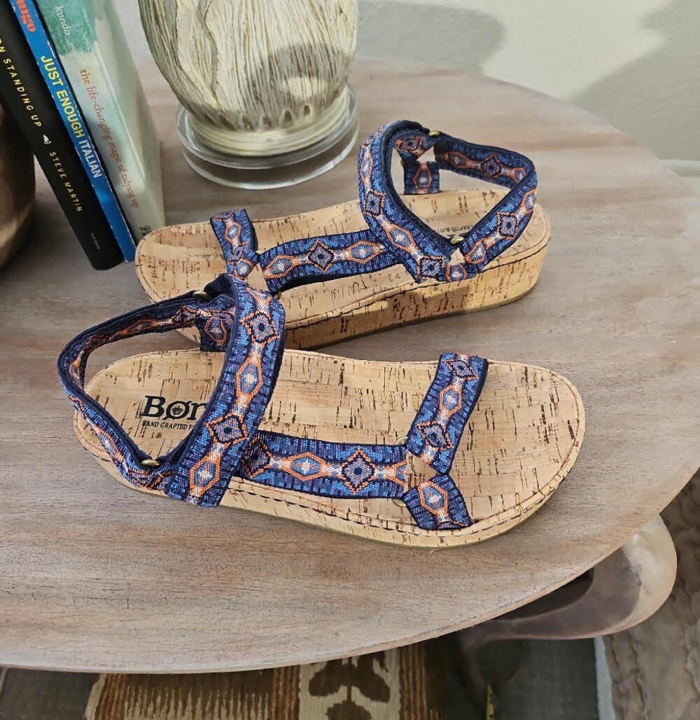 Born Womens Blue and Tan Patterned Cork Wedge Sandals - Picture 3 of 7